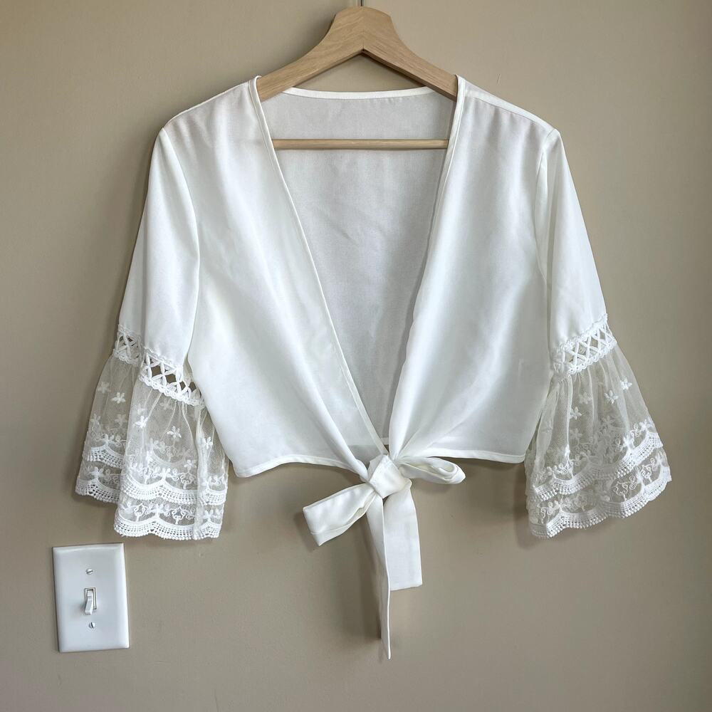 BKMGC sheer white cropped cardigan top lace detail tie front women's size M